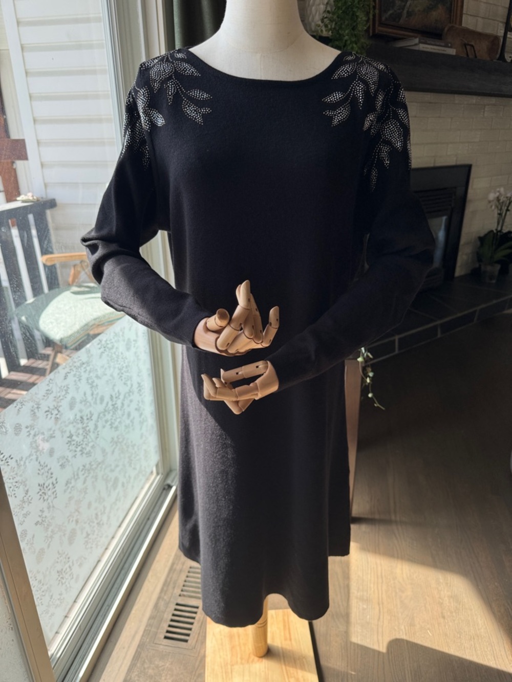 Aura Black Long-Sleeve Knit Dress with Shoulder Embellishments